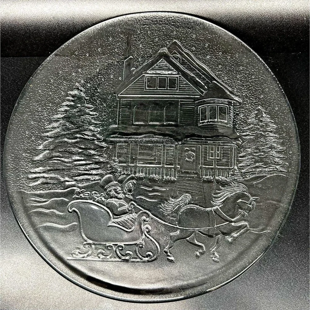 Libbey Christmas Holiday Etched Serving Platter  12 Snow Sleigh Ride Vintage